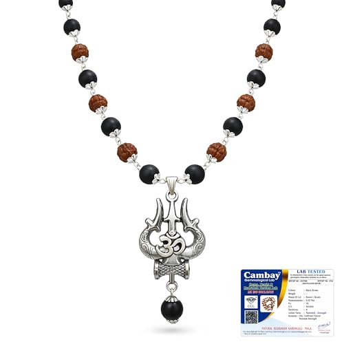 Image of Gratify Original Rudraksha & Karungali Mala 8mm 54 Beads with Shiva Trishul OM Pendant | Authentic Ebony Wood Spiritual Necklace for Protection, Meditation, Focus & Positive Energy | Unisex