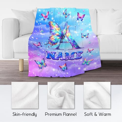 Custom Initial Blanket Butterfly Gifts for Girls - Soft Flannel Monogram Throws for Office, Sofa Room Decor