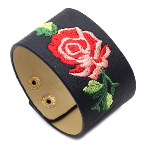 Punk Rock Flower Print Pattern Wristband Wide Leather Cuff Bracelet
