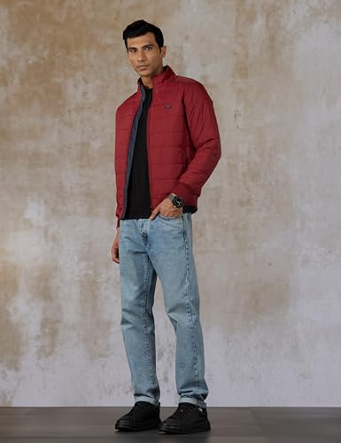 Image of Qube By Fort Collins Men's Nylon Standard Length Regular Fit Quilted Bomber Jacket with Detachable Hood - Winter Warm, Insulated Lining, Ribbed Cuffs, and Stylish Design