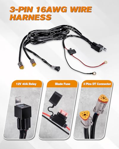 Image of BICYACO LED Light Bar Wiring Harness Kit-16AWG Wiring Kit with 12V Relay 40A Blade Fuse On Off Flush Mounted Switch DT Connector for Off Road Flood Spot Light ATV SUV UTV Boat- 2 Lead(Triangular)