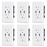 ELEGRP USB Charger Wall Outlet, Dual High Speed 4.0 Amp USB Ports with Smart Chip, 20 Amp Duplex Tamper Resistant Receptacle Plug, Wall Plate Included, UL Listed (6 Pack, Glossy White)
