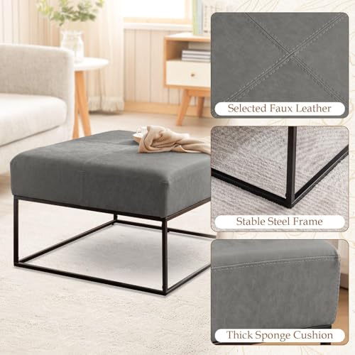 Image of Modern Square Coffee Table, Farmhouse Ottoman for Living Room, Large Vintage Leather Coffee Tables with Leather Upholstered Padded Seat [Square, Vintage Gray, 30'']