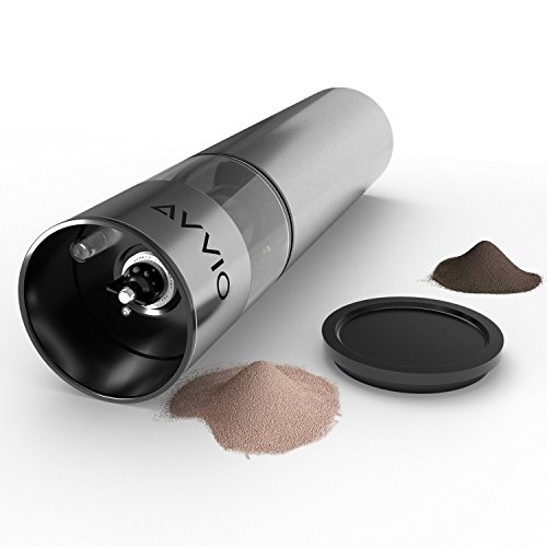 Salt Grinder Electric Pepper Grinder – Battery Powered Stainless Steel Mill Salt Shaker with One Touch Function & Adjustable Ceramic Electric Salt Grinder – For Salt & Dry Spices By Avvio (One Pack)