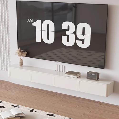Mobile TV sospeso moderno da 55 pollici, supporto multimediale da parete con cassetti, 200 cm, in legno massello, elegante finitura nera, ideale per l'arredamento del soggiorno