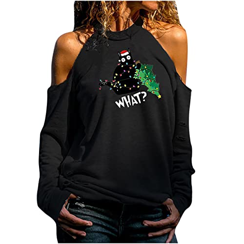 Christmas Women Cold Shoulder Tops, Fashion Halter Long Sleeve Shirt Tunic Blouse Ladies Sweatshirt Fall Clothes Black