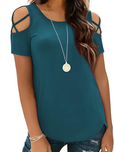 Image of Jar of Love Women's Summer Tops Short Sleeve Cold Shoulder Tops T-Shirts for Women Spring Summer Tops Loose Fit Tunic 2026