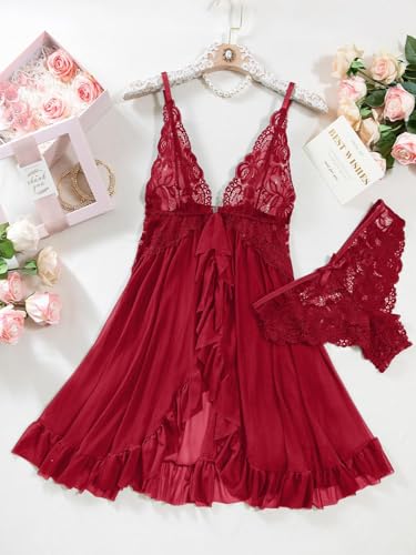 Image of Foxiny Sexy Open Front V Neck Ruffle Sheer Mesh Lace Wireless Babydoll Lingerie Dress with Thong 2 Piece