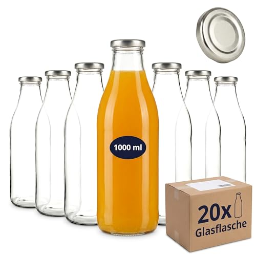 gouveo 20er Set Glasflasche für Saft mit 24 Schraubdeckeln in silberfarben und weiss - Saftflasche 1000 ml - Leere Flaschen für Saft Limonade Milch (SF1000SW)