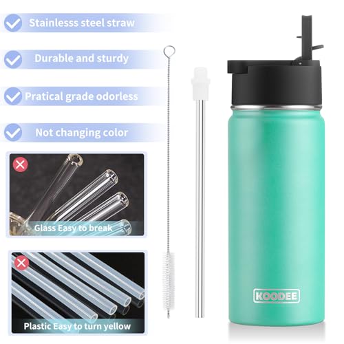 Image of koodee 16 oz Water Bottle Stainless Steel Double Wall Vacuum Insulated Sports Water Bottle with Straw, Reusable Metal Wide Mouth Water Flask for Girls Women,BPA Free(Teal)