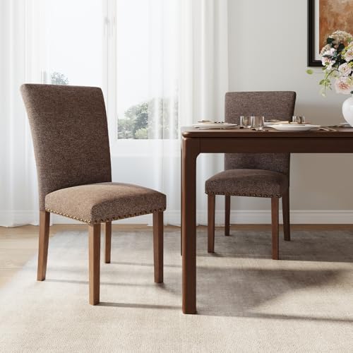 Image of Farmhouse Dining Chairs Set of 2, High Back with Wooden Legs and Nailhead Trim, Modern Fabric Dining Room Chair for Kitchen /Restaurant