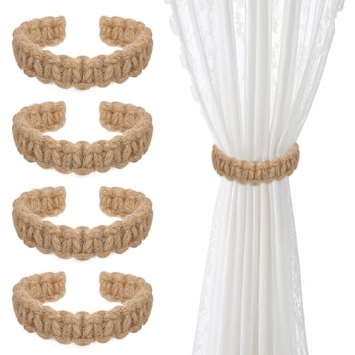 4 Pack Curtain Tieback Braided Boho Curtain Tiebacks Holdbacks Farmhouse Rustic Style Curtains Tiebacks Hand Woven Jute Tie Back Curtains for Home Office Sheer/Light Weight Drapes