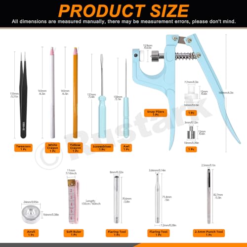 Rustark 90 Set 12.5mm 6 Color Leather Snap Fasteners Kit with Snap Pliers and Setting Tools, Metal Button Press Stud Assortment Kit for Leather, Clothes, Jackets, Jeans, DIY Craft