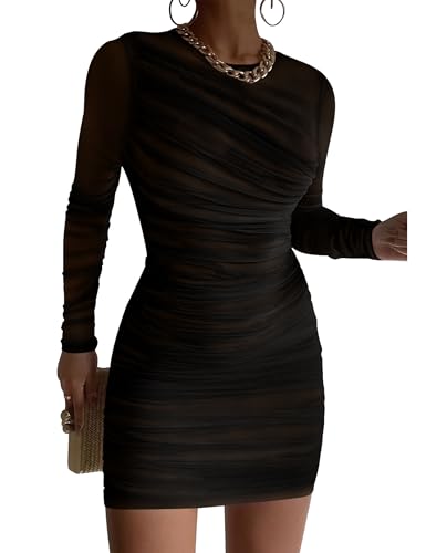 GOKATOSAU Women's Sexy Round Neck Mesh Long Sleeve Full Ruched Bodycon Mini Dress Black