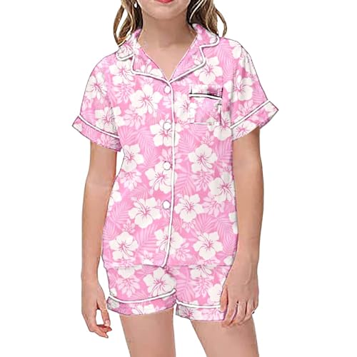 Pink Pom Puff Outfits for Girls Palm Puff Button Down Short Sleeve Shirt and Short Sets Cute Preppy Clothing Sets 2 Piece