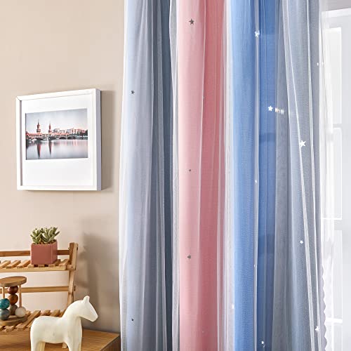 Image of XiDi Curtains for Bedroom Decor, Rainbow PinkGreyBlue-34-45