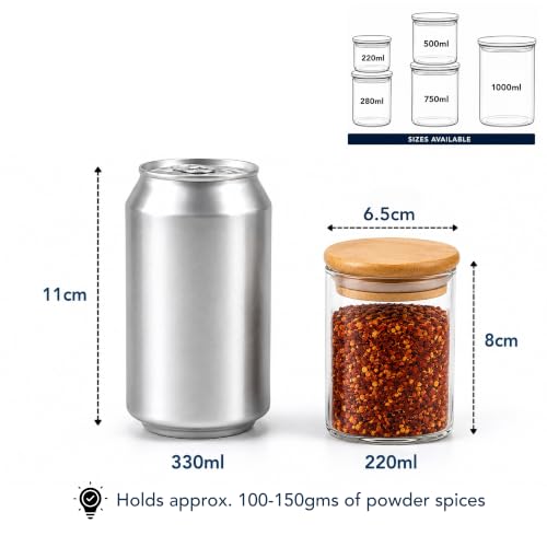 Image of Airtight Glass Storage Jar with Bamboo Lid, 220 ml Pack Of 4 | Multipurpose Kitchen Container for Coffee, Tea, Sugar, Spices, Dry Fruits & Snacks | Transparent Pantry Organizer Jars