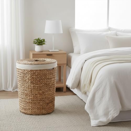Image of Round Woven Wicker Laundry Hamper with Lid - Large Water Hyacinth Storage Basket, 18x18x23 in