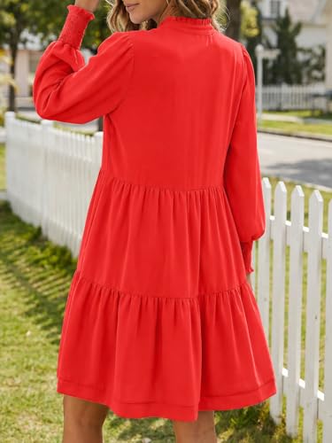 Image of Imily Bela Womens Fall Long Sleeve Tunic Dress Casual V Neck Tiered Dress | Loose,Swing,A-Line,Ruffled Collar,Puff Balloon Sleeve,Smocked Elastic Cuffs,Tiered Layered Ruffle Hem,Babydoll,Loose,Mini