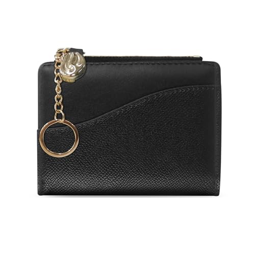 WishLotus Keychain Wallet for Women, Bifold Small Wallet with Key Ring and Zipper Pocket, PU Leather Card Holder Wallet (Black)