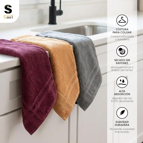 Miniatura 5 de Saoti Paños Cocina Algodón 100 - 3 Paños Super Absorbentes Con Costura Colgar - 50x50 Cm - Trapo Cocina Secado Burdeos, Mostaza, Gris
