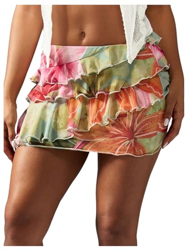 Verdusa Women's Floral Mesh Tiered Layered Boho Ruffle Skirt Summer Y2K Mini Skirts