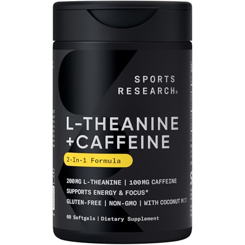 Sports Research L-Theanine Supplement with Caffeine & Coconut MCT Oil – Focused Energy, Alertness & Relaxation Without Drowsiness – 200mg L Theanine, 100mg Organic Caffeine – 60 Liquid Softgels