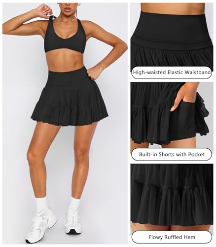 Women's Mini Skirt Skort Flowy Pleated High Waisted Ruffle Tennis Skirts for Women Athletic Skater Golf with Shorts Pockets4