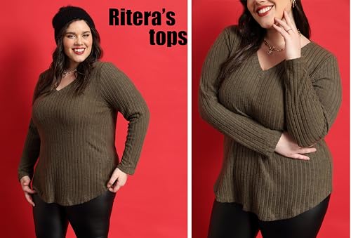 Image of RITERA Plus Size Sweater, Ribbed Long Sleeve Solid Top for Women | Soft vertical ribbed knit, modest V neck, loose long sleeves, curved swing hem, slimming casual layering top for curvy women