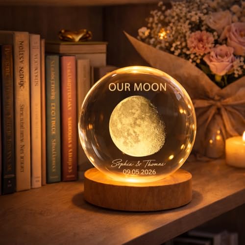 Image of Evamall Custom Our Moon The Night We Got Married, Customized Crystal Ball LED Night Light, Moon Phase Print, Custom Engraved Gift for a Loving Couple