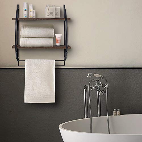 Y&ME 2 Tier Wall Mounted Bathroom Shelf with Towel Racks, Wood Wall Storage Shelves for Bathroom, Floating Wall Shelf with Towel Rods for Bathroom and Kitchen