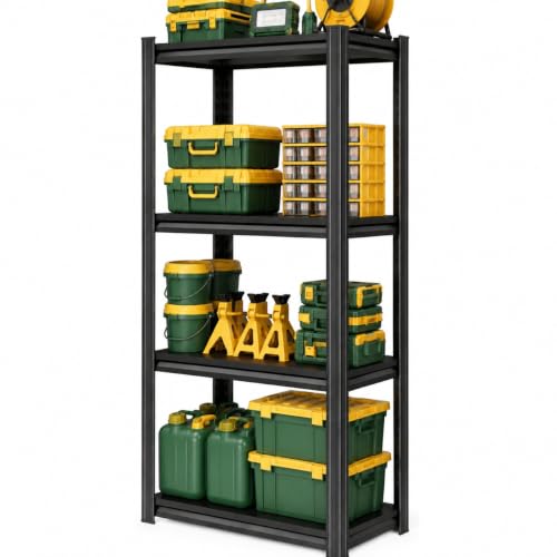 Image of Garage Shelving 4-Tier Heavy Duty Metal Unit 2000 LBS Adjustable Boltless Storage Rack, Organizer for Garage Warehouse Kitchen Basement Workshop Household Supplies, 44 inchH x 13.8 inchW x 11.8 inchD, Black