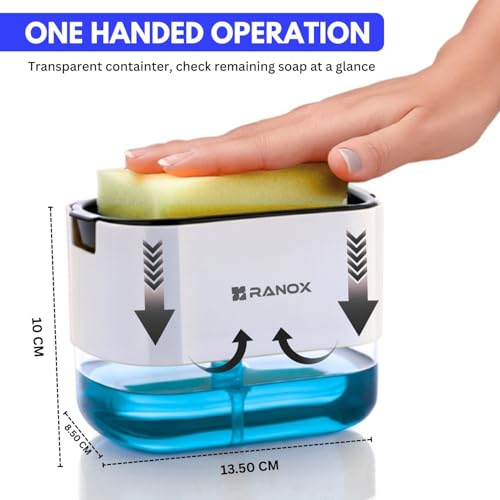 Image of Ranox Soap Dispenser for Kitchen Sink Accessories, Dish Wash Liquid Dispenser Pump 400ml with Sponge Holder, Bathroom Soap Dispensers, Kitchen Sink Organizer (White (Dishwasher))