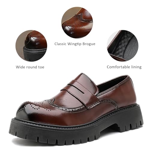 Men's Leather Wingtip Wide Round Toe Platform Loafers Classic Slip On Comfortable Anti-Slip Lug Sole Brogue Penny Loafers for Wedding Business Formal Prom4
