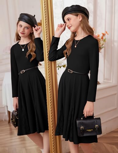 GRACE KARIN Girls Long Sleeve Dress Lace Hem Knit Fall Winter Pullover Dresses for Girls 5-12Y4