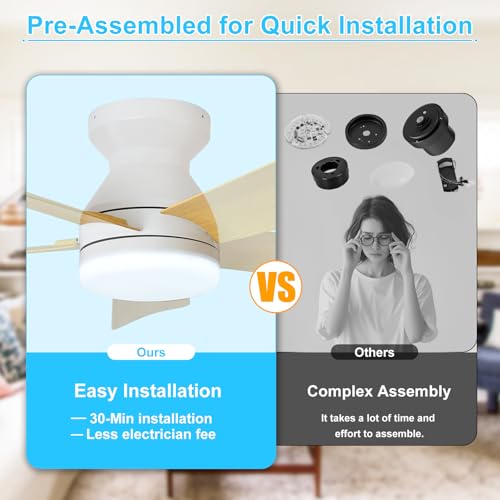 Image of Depuley Modern Ceiling Fan with Light: 25-Inch White Small Fans for Bedroom Indoor Outdoor - Dimmable Low Profile Ceiling Fans with Remote Control Flush Mount 5 Reversible Wood Blades 6 Speeds Timer