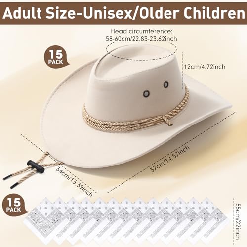 Image of Coume 15 Set Western Cowboy Hat Costume Accessories Paisley Bandanna Cowgirl Hats Bulk for Adult Women Men Dress Party