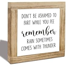 Funny Wooden Box Sign Decor, Bathroom Humor Sign-Dont be Ashamed to Fart While You Pee Remember Rain Sometimes with Thunder, Rustic Table Signs for Washroom Toilet Decoration 5.9X5.9X0.7inches