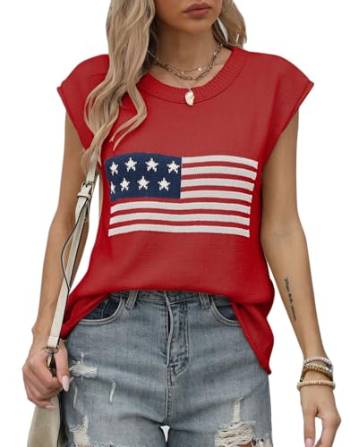 Womens American Flag Cap Sleeve Sweater Vest - Casual Crewneck US Flag Knitted Pullover Tank Tops for Summer