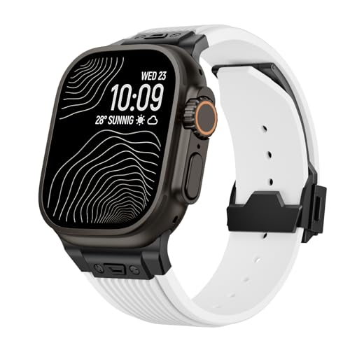 Rugged Silicone Sport Band Compatible with Apple Watch Band 49mm 46mm 45mm 44mm 42mm, Waterproof Soft Rubber Strap with Metal Folding Clasp for iWatch Ultra 3/2/1 Series 11 10 9 8 7 6 5 4 3 2 1 SE Men (B-White, 44mm/45mm/46mm/49mm/42mm(series 3）)
