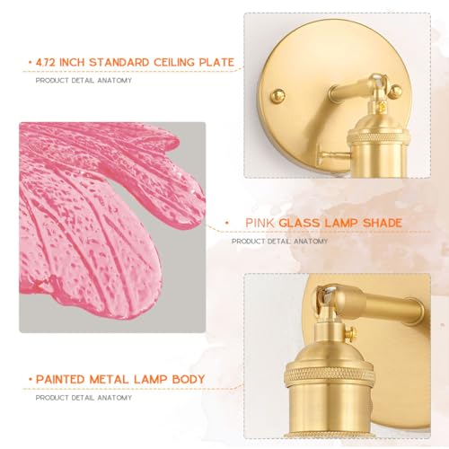 Image of Pink Glass Light Fixture Glass Flush Wall Sconce Lights Vintage Gold Bathroom Vanity Lights with Pink Flower Shape Shade 90 Adjustable Mid Century Rustic Wall Lamp for Over Mirror