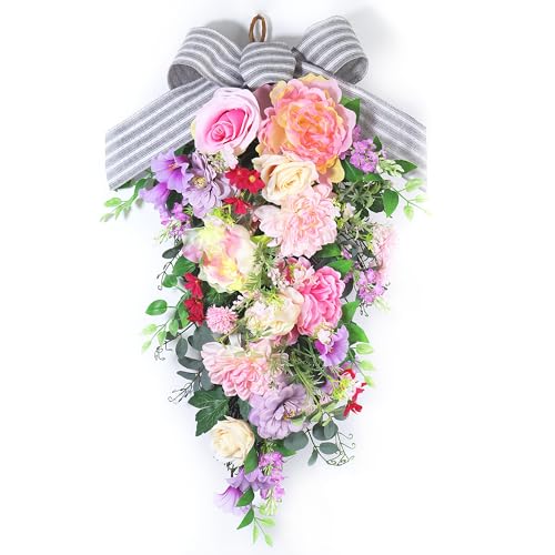 24-Inch Lighted Spring Peony Swag – Artificial Teardrop Wreath for Front Door, Porch, Wall, Window, Stair – Summer Peony Rose Decorative Swag for Home Decor
