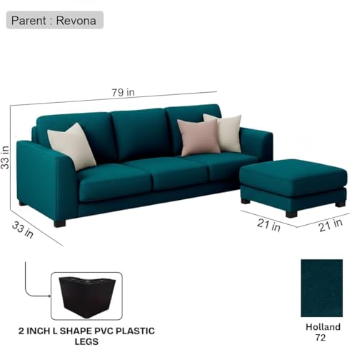 Image of FURNY Revona 4 Seater L Shape Sofa Set with Movable Ottoman | Flexible Left or Right Layout | Plush Velvet Fabric (Greenish Teal) | Perfect for Living Room, Guest Room & Office