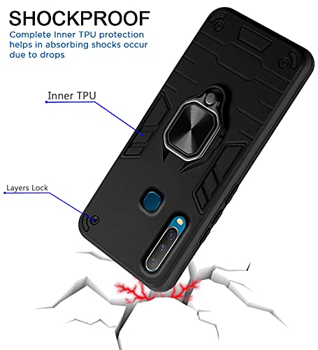 Image of Pikkme D5 Tough Armor Bumper Back Cover Case for Vivo Y19,Vivo U20 |Ring Holder & Kickstand in-Built (Black)