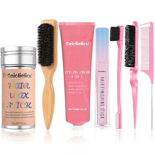 Seiolieliou 4-in-1 Hair Styling Cream Set Hair Finishing Stick Hair Wax Stick Boar Bristle Brush & 3 Combs Set | All-in-One Professional Hair Styling Kit for Frizz Control Shine & Hold