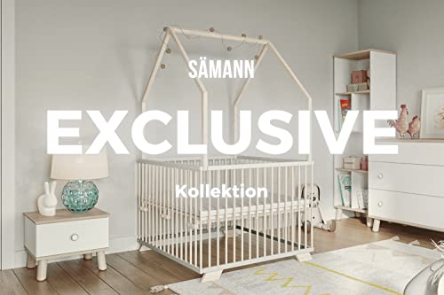 Sämann Laufgitter EXCLUSIVE 100x100 cm mit Matratze - Hausbett & Babybett - stufenlos höhenverstellbar Laufstall Baby Buche grau