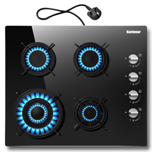 Karinear Gas Hob 4 Burners Cas Hob with Plug 60cm Glass LPG/NG with Thermocouple Protection