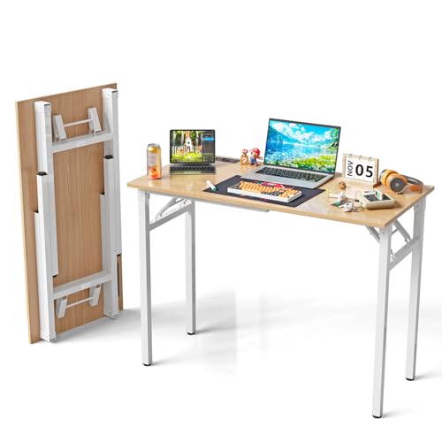 EXSELTMAN Scrivania Pieghevole, Scrivania per Computer con Presa di Corrente e Ricarica USB, 2 Prese CA, 2 Porte USB, Struttura in Metallo, per Cameretta & Ufficio 100x50x76 cm