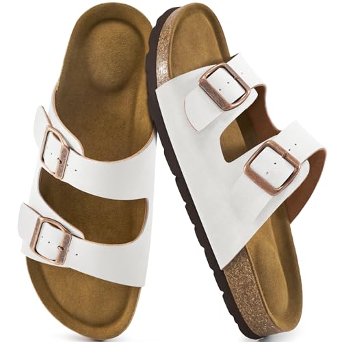 Aomigoct Sandals Womens Dressy Flat: Comfortable Cork Footbed Sandals Women - Beach Summer Walking Slides for Women