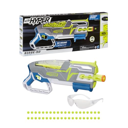 Nerf Hyper Siege-50 Pump-Action Blaster, 40 Hyper Rounds, Holds Up to 50 Rounds, Glasses, Up to 110 FPS Velocity, Easy Reload, Toy Foam Blasters